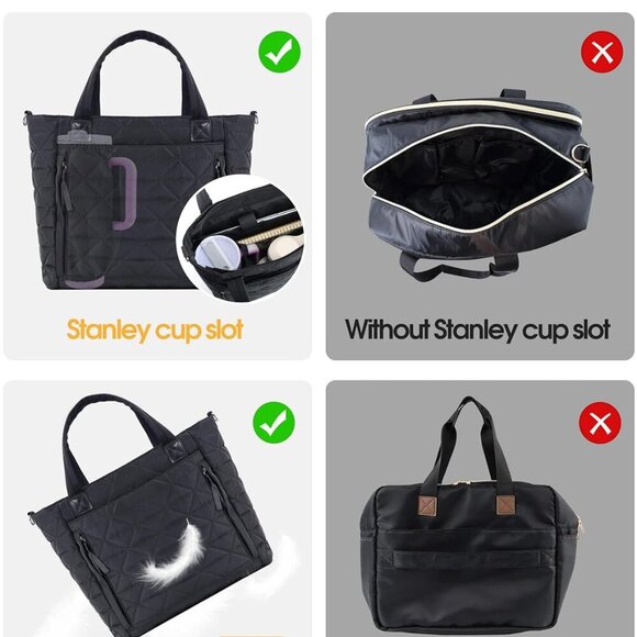 Women's Nylon Puffer Tote Bag with Elastic Cup Slot for Travel and Work - Picture 2 of 7